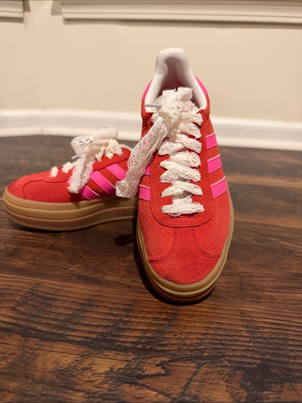 adidas Red Suede Sneakers with Pink Stripes and Gum Sole